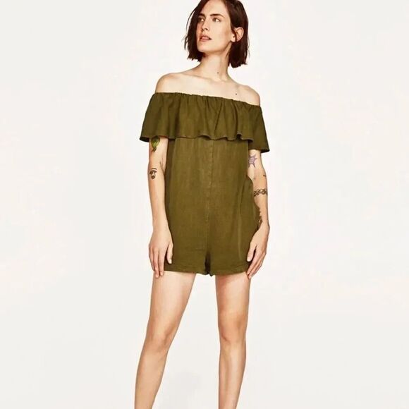 Zara Olive Green Off the Shoulder Ruffle Sleeve Romper Size XS - Picture 1 of 12